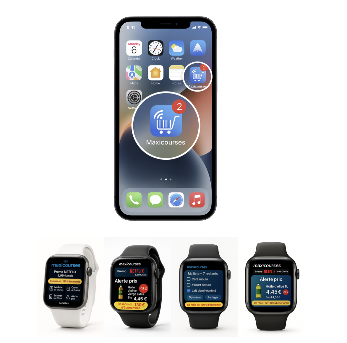 Écran d’accueil Maxicourses sur iPhone